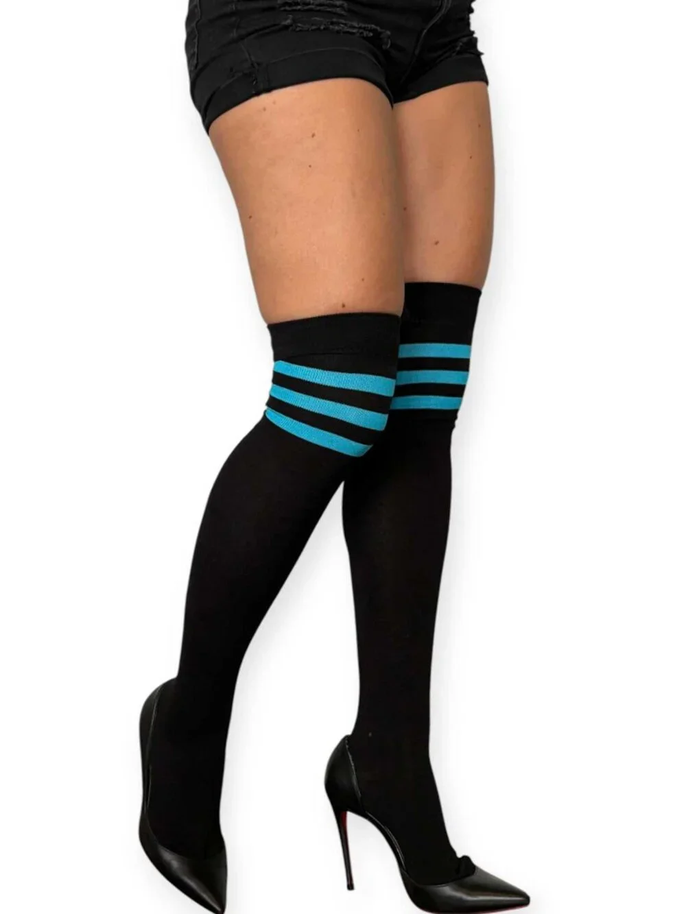 Black and Turquoise Over the Knee Socks for Women